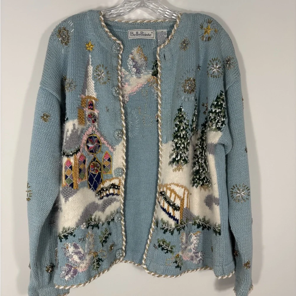 Vintage BellePointe Blue Winter Scape Embroidered Beaded Women's Cardigan Medium